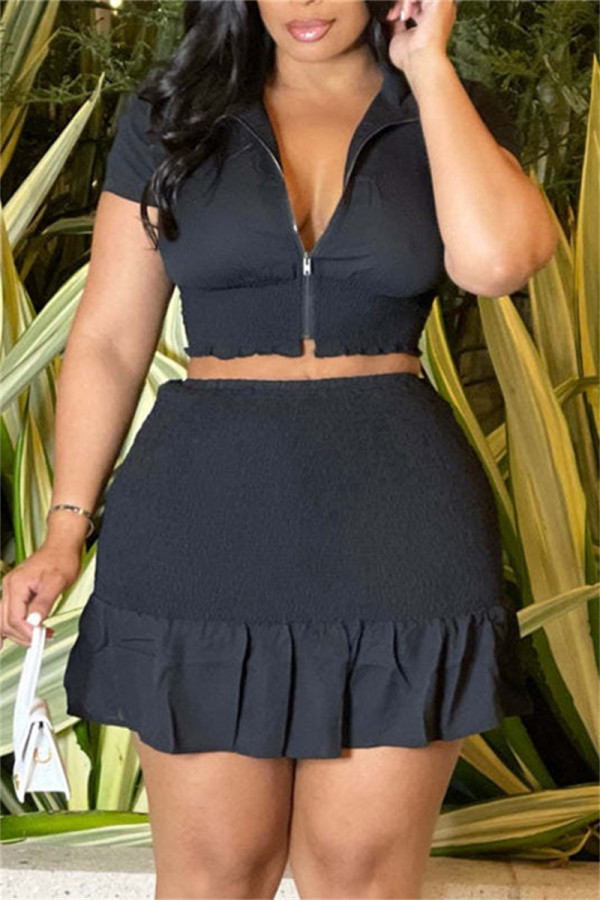 Black Fashion Casual Solid Patchwork Zipper Collar Short Sleeve Two Pieces