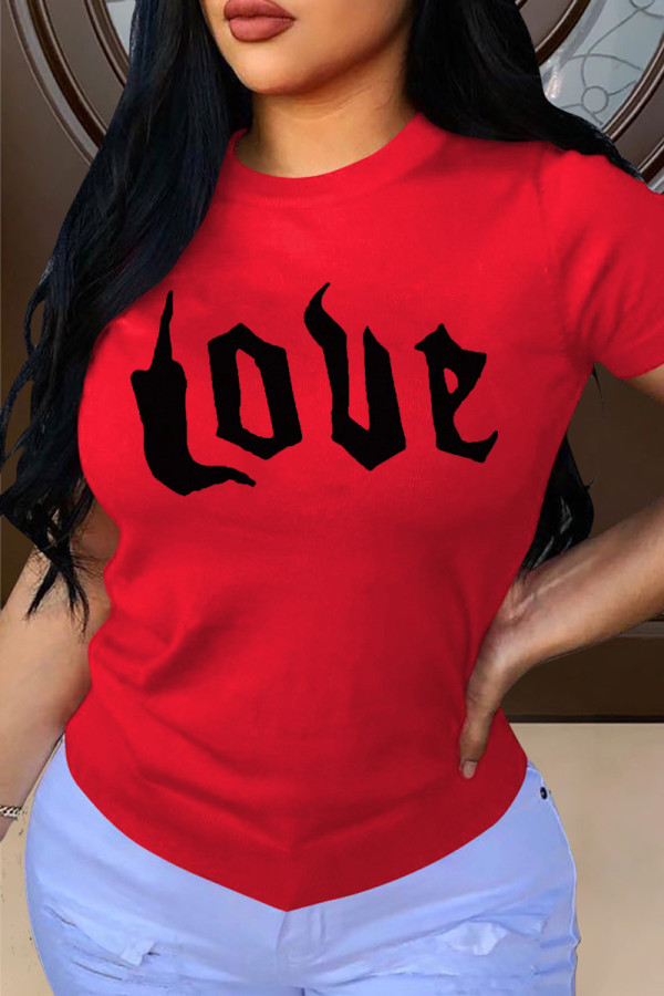 Red Fashion Casual Letter Print Basic O Neck T-Shirts