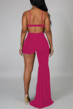 Rose Red Fashion Sexy Solid Hollowed Out Backless Asymmetrical Spaghetti Strap Skinny Jumpsuits