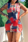 Red Fashion Casual Print Tie Dye Frenulum O Neck Sleeveless Dress