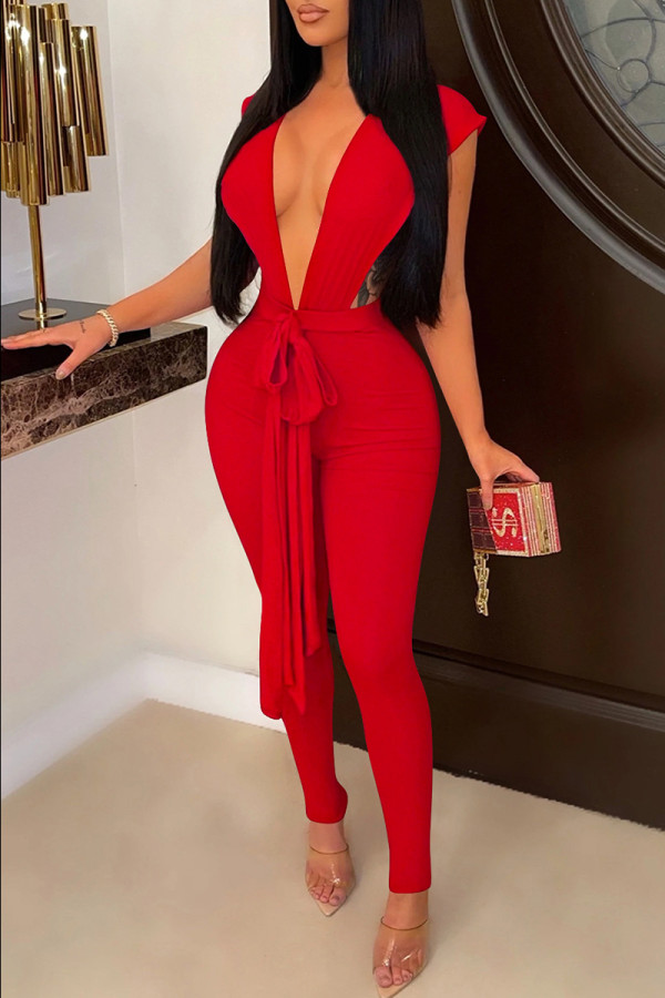Red Fashion Sexy Solid Bandage Backless V Neck Skinny Jumpsuits