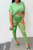 Green Sexy Print Patchwork See-through O Neck Short Sleeve Two Pieces