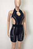 Black Sexy Solid Hollowed Out Patchwork O Neck Skinny Rompers