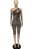 Leopard Print Sexy Print Leopard Hollowed Out Patchwork Oblique Collar Regular Rompers