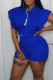 Blue Casual Solid Patchwork Hooded Collar Short Sleeve Two Pieces