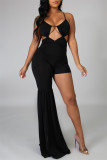 Rose Red Fashion Sexy Solid Hollowed Out Backless Asymmetrical Spaghetti Strap Skinny Jumpsuits