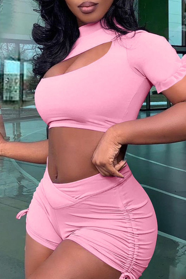 Pink Fashion Casual Solid Hollowed Out Patchwork Turtleneck Short Sleeve Two Pieces