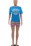 Rose Red Casual Street Print Patchwork O Neck Short Sleeve Two Pieces
