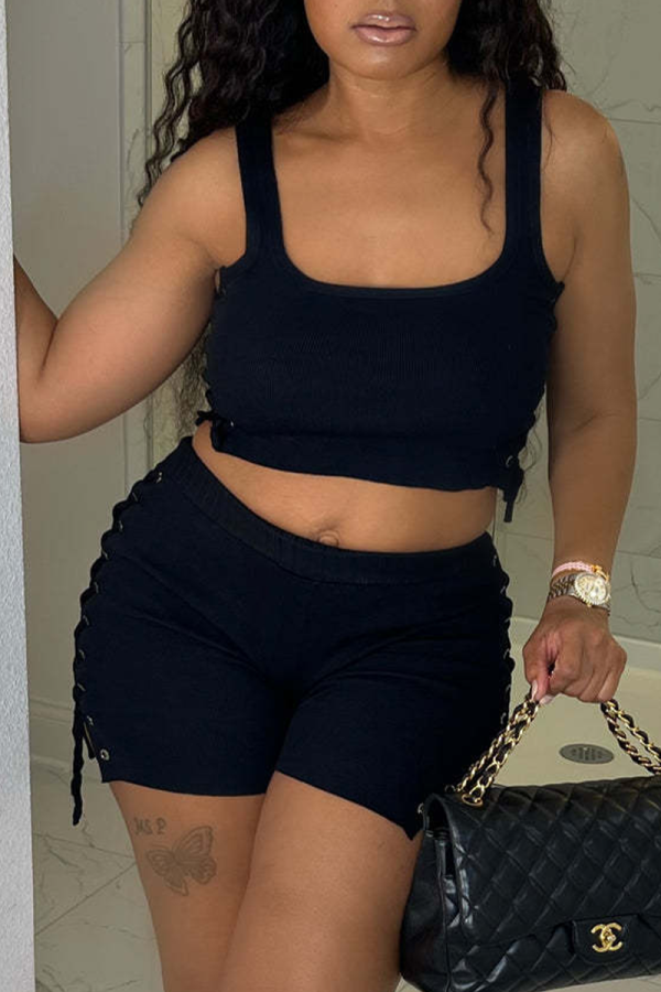 Black Sexy Solid Hollowed Out Square Collar Sleeveless Two Pieces