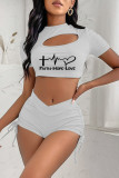 Blue Fashion Casual Print Hollowed Out Draw String Frenulum O Neck Short Sleeve Two Pieces