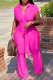 Rose Red Fashion Solid Bandage Turndown Collar Boot Cut Jumpsuits