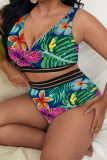 Blue Fashion Sexy Print Patchwork Backless V Neck Plus Size Swimwear (With Paddings)