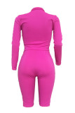 Rose Red Fashion Casual Sportswear Solid Patchwork Turndown Collar Long Sleeve Two Pieces