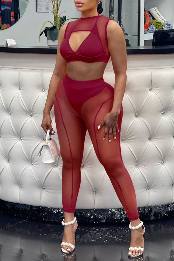 Burgundy Sexy Solid Patchwork See-through O Neck Sleeveless Two Pieces