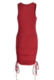 Red Casual Print Bandage Patchwork Fold O Neck One Step Skirt Dresses