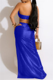 Blue Fashion Sexy Solid Hollowed Out Backless Swimwears Three-piece Set (Without Paddings)