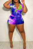 Purplish Blue Fashion Casual Print Tie Dye Patchwork Zipper Collar Skinny Romper