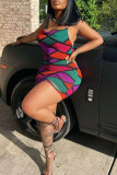 Colour Sexy Street Print Patchwork Backless Spaghetti Strap Pencil Skirt Dresses