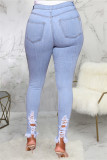 Baby Blue Fashion Casual Solid Ripped Split Joint High Waist Skinny Denim Jeans