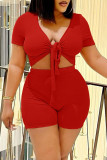 Red Fashion Casual Solid Bandage V Neck Short Sleeve Two Pieces