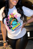 White Fashion Street Print Patchwork Letter O Neck T-Shirts