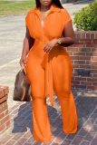 Pink Fashion Solid Bandage Turndown Collar Boot Cut Jumpsuits