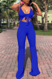 Rose Red Sexy Casual Solid Bandage Hollowed Out Backless Spaghetti Strap Boot Cut Jumpsuits