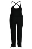 Black Casual Solid Split Joint Spaghetti Strap Plus Size Two Pieces