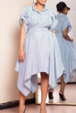 Light Blue Casual Striped Print Split Joint Asymmetrical Turndown Collar Irregular Dress Dresses