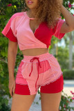 Pink Casual Solid Patchwork V Neck Short Sleeve Two Pieces