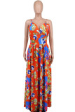 Red Sexy Casual Print Split Joint Backless Spaghetti Strap Long Dress