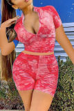Pink Fashion Casual Print Basic Zipper Collar Short Sleeve Two Pieces
