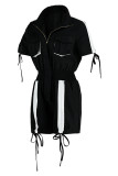 Red Fashion Casual Patchwork Solid Draw String Frenulum Turndown Collar Regular Romper