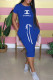 Blue Fashion Casual Print Letter O Neck One Step Skirt Dresses