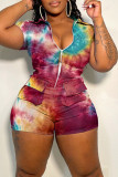 Purplish Blue Fashion Casual Print Tie Dye Patchwork Zipper Collar Skinny Romper