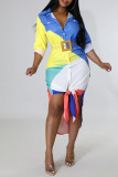 Multicolor Sweet Color Lump Print Split Joint Turndown Collar Shirt Dress Dresses