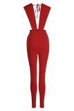 Red Fashion Sexy Solid Bandage Backless V Neck Skinny Jumpsuits