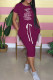 Fuchsia Fashion Casual Print Letter O Neck One Step Skirt Dresses