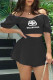 Black Fashion Street Print Patchwork Off the Shoulder Short Sleeve Two Pieces