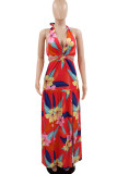 Red Sexy Print Hollowed Out Patchwork Halter Straight Dresses