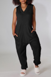 Rose Red Casual Solid Patchwork V Neck Straight Jumpsuits