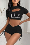 Blue Fashion Casual Print Hollowed Out Draw String Frenulum O Neck Short Sleeve Two Pieces