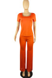Tangerine Casual Solid Tassel Patchwork U Neck Short Sleeve Two Pieces