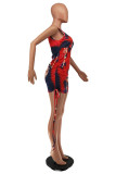 Red Fashion Casual Print Tie Dye Frenulum O Neck Sleeveless Dress