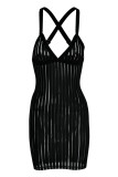 Black Fashion Sexy Solid Patchwork See-through Backless V Neck Sling Dress