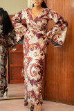 Brownness Elegant Print Patchwork V Neck Straight Dresses