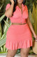 Rose Red Fashion Casual Solid Patchwork Zipper Collar Short Sleeve Two Pieces