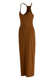Tangerine Red Fashion Sexy Solid Backless Spaghetti Strap Long Dress