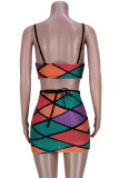 Colour Sexy Street Print Patchwork Backless Spaghetti Strap Pencil Skirt Dresses