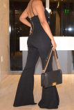 Rose Red Sexy Casual Solid Bandage Hollowed Out Backless Spaghetti Strap Boot Cut Jumpsuits